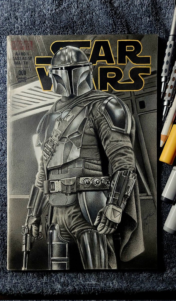 DSanchezArtist's tweet photo. Completed @NewYorkComicCon 2023 Sketch of Mandalorian (Din Djarin) from @themandalorian on a @Marvel @starwars #01 Blank! Mediums: @PentelofAmerica Mechanical Pencils,  Charcoals, @BICGroup Whiteout, @conteaparis Pastel, @CopicOfficialUS Markers, @posca_usa #StarWars #Mandalorian https://t.co/1GhvS3nm0w