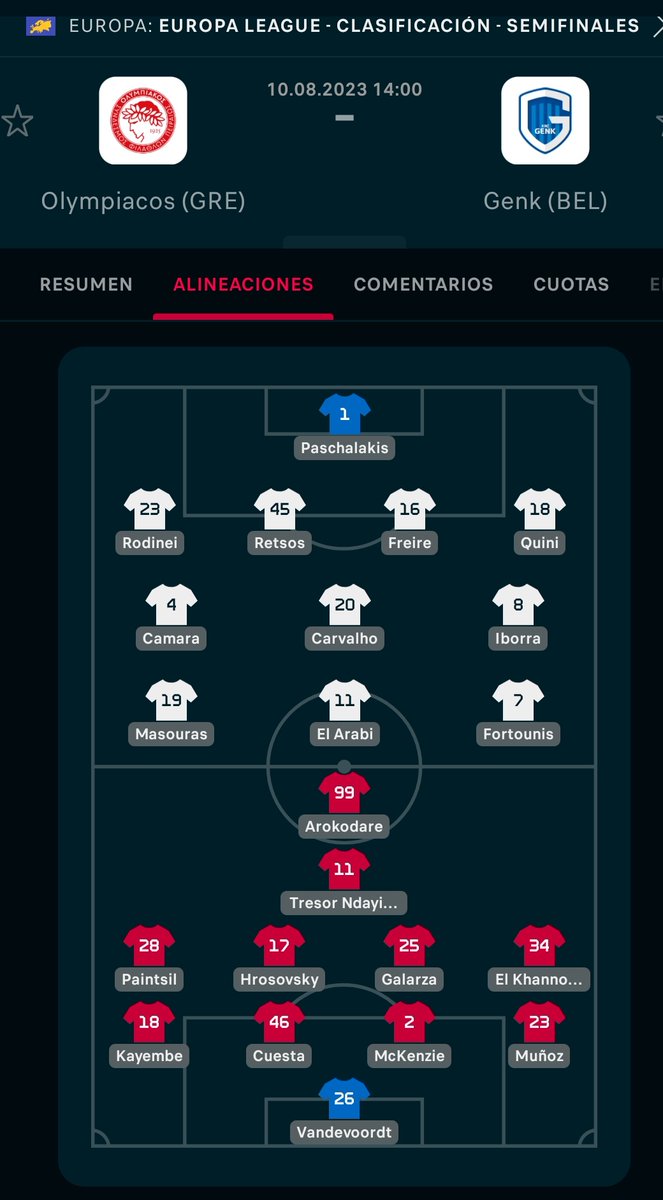 lvaro99508258's tweet photo. #PelaezdeFranciscoenLaW @MdeFrancisco12 @eldoctorpelaez titulares Carlos Cuesta y Daniel Muñoz en el partido del Genk por Europa League contra el Olympiacos https://t.co/gAXxgef0go