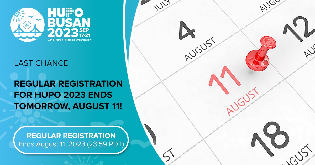 Regular registration for #HUPO2023 ends tomorrow, August 11! Secure your spot. Full Registration includes access to all Scientific Sessions (except ticketed sessions), the Exhibit Hall, Congress Materials, Welcome Reception, and Networking Breaks. Register by August 11 at…