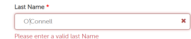 m_oconnell's tweet photo. This seems to be more and more common. Banks, employers ... you name it. Really not a good user experience! Not only prohibit me from properly typing in my actual name, but told my name is not "valid"!?! Why is this getting worse and worse in recent years? Grrr. https://t.co/nkiGvsQfII