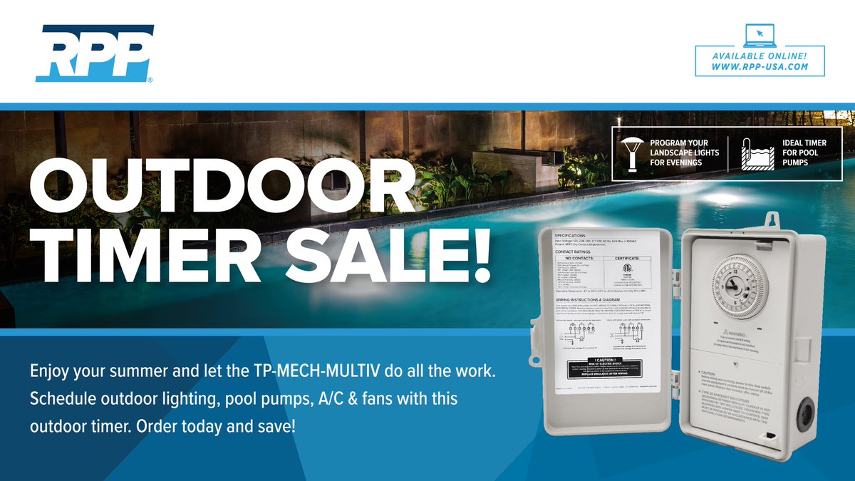 Take advantage of the warm weather and let the TP-MECH-MULTIV outdoor timer do all the work! 

Automate outdoor lighting, pool pumps, air conditioning, and fans. Don't miss out on this great deal! 

Now available at your local <a href="/cityelectricusa/">City Electric Supply</a>!