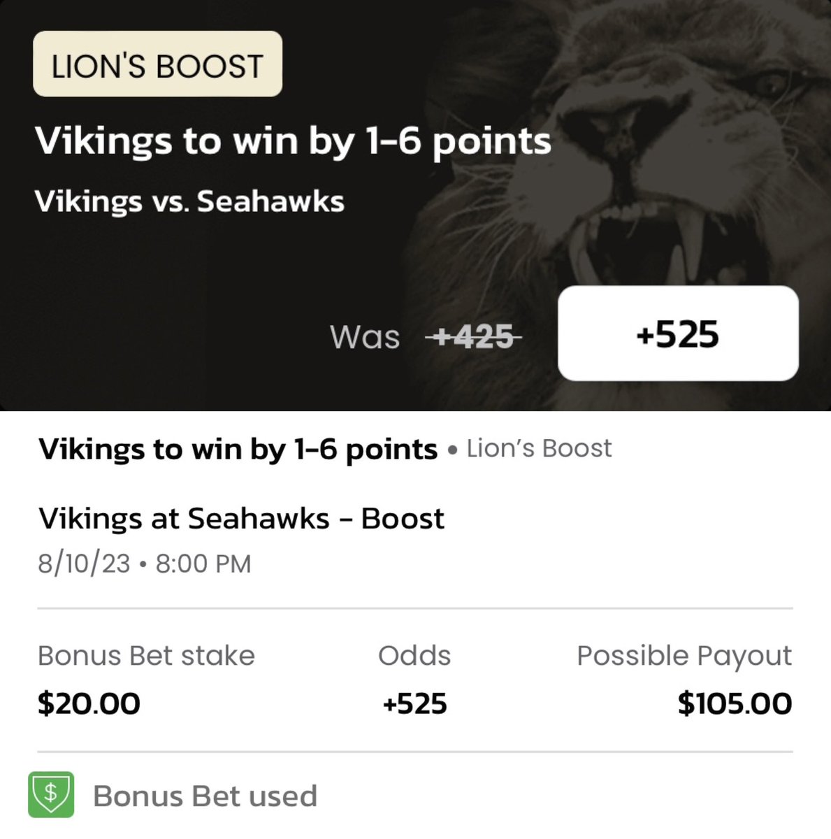 Longshot_Bets's tweet photo. ✨MGM IL Lion’s Boost🦁✨

• Vikings to Win by 1-6 Points boosted to +525

-EV but decent free bet spot if needed.

In for $20 free bet from insurance play below

#GamblingTwitter #Skol https://t.co/9PUasThD48