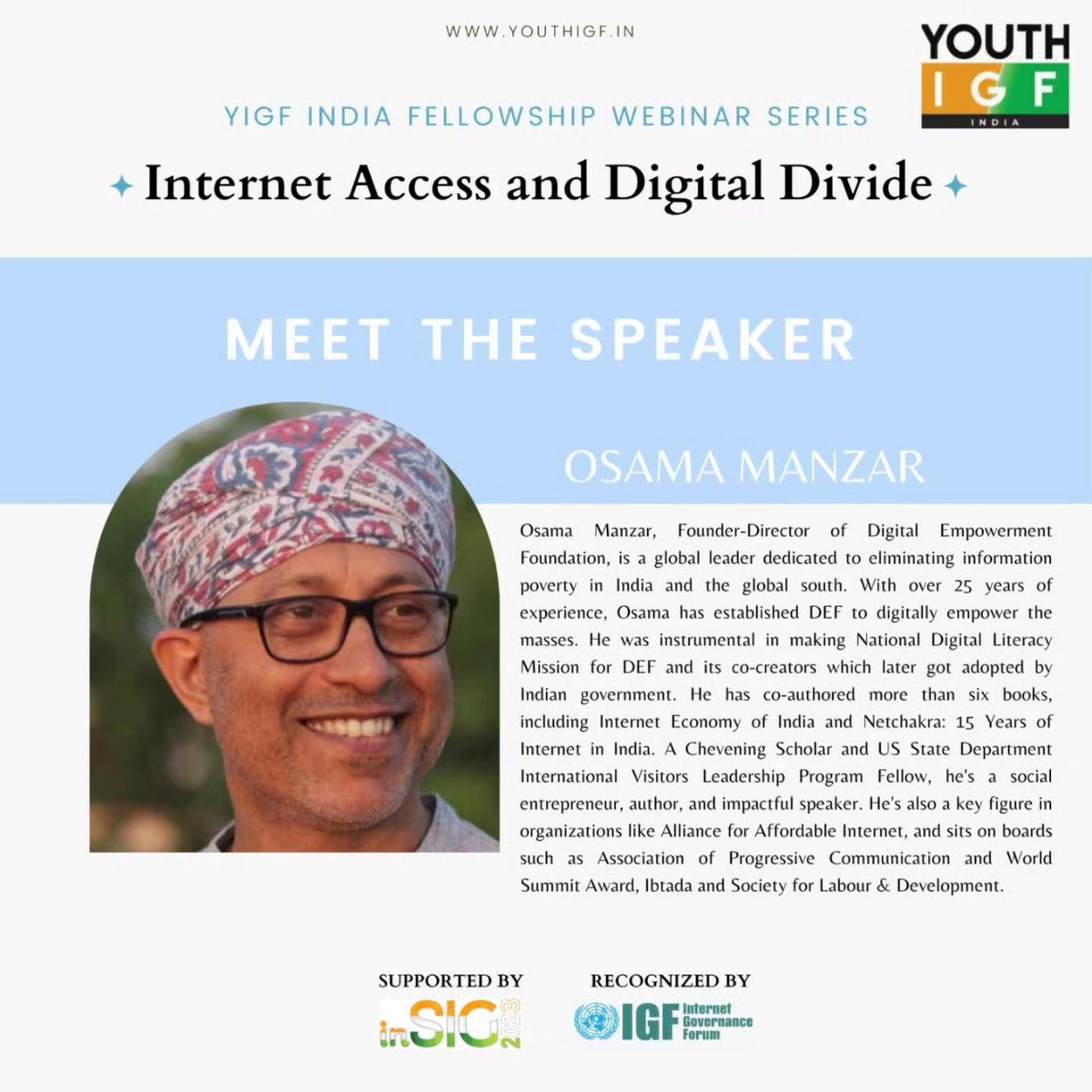 For our second fellowship webinar, we are thrilled to welcome Mr. Osama Manzar! 

The webinar is open to all :)

Join us on August 12th, 2023
Time: 4-5:30 pm IST
Register: bit.ly/3rZeTJw

Note: Limited seats available, please register before 10am IST, 12th August 2023.