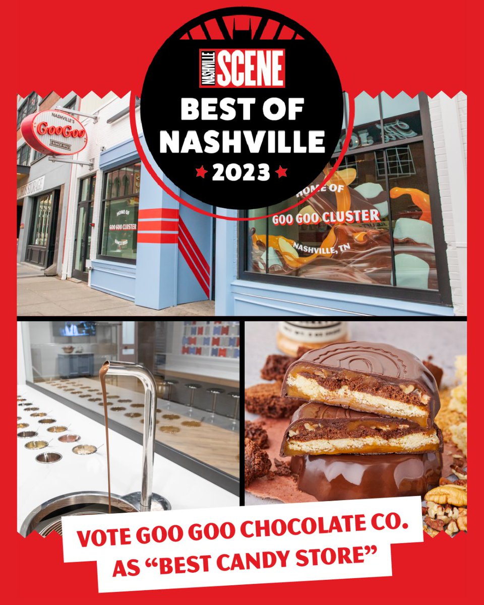 It’s that time of the year again… @nashvillescene 2023 Best of Nashville competition 🍫 If you’ve been to our version of Willy Wonka’s Chocolate Factory in the past year, or have a special place in your heart for Goo Goo Cluster, vote us for Best Candy Store! ❤️