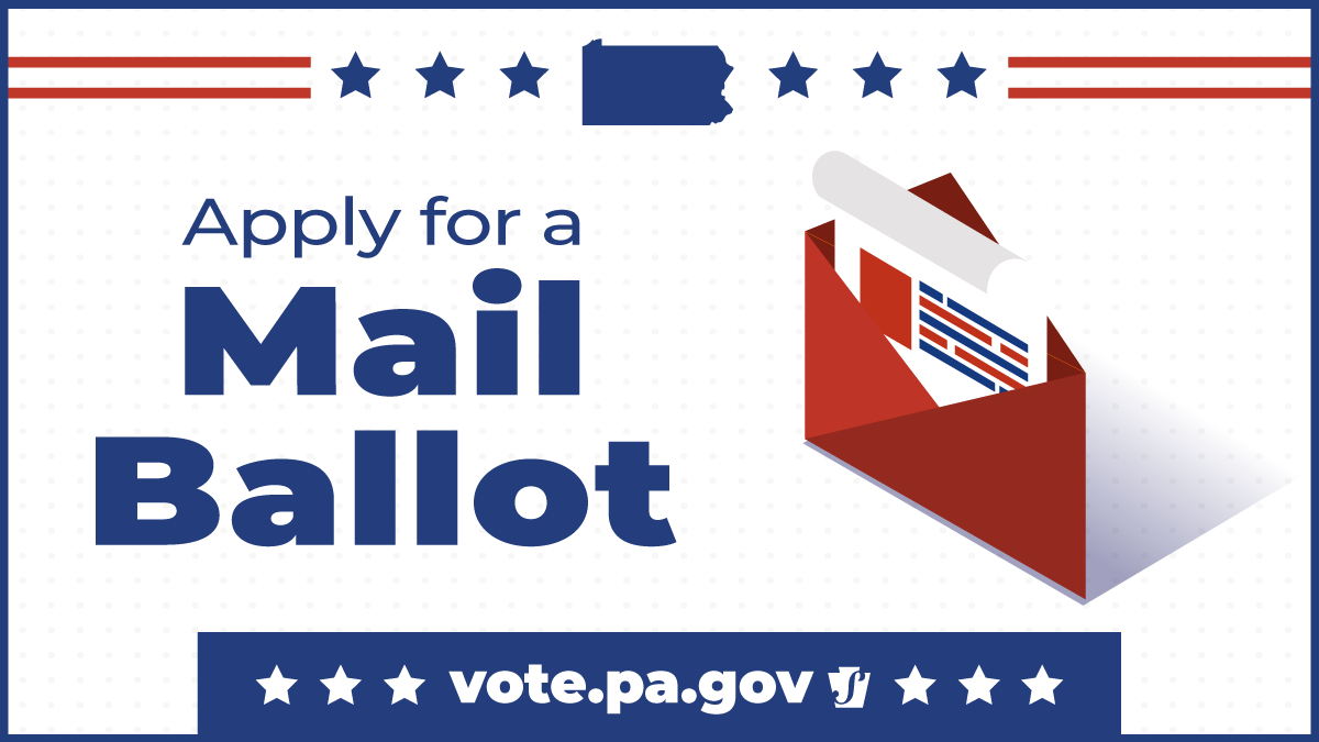 PAStateDept's tweet photo. Voting by mail-in or absentee ballot is a secure, safe, and convenient way to exercise your right to vote. You can apply for a mail-in ballot today by visiting https://t.co/EiHScsFfFi. #ReadytoVotePA https://t.co/txZLym7dmZ