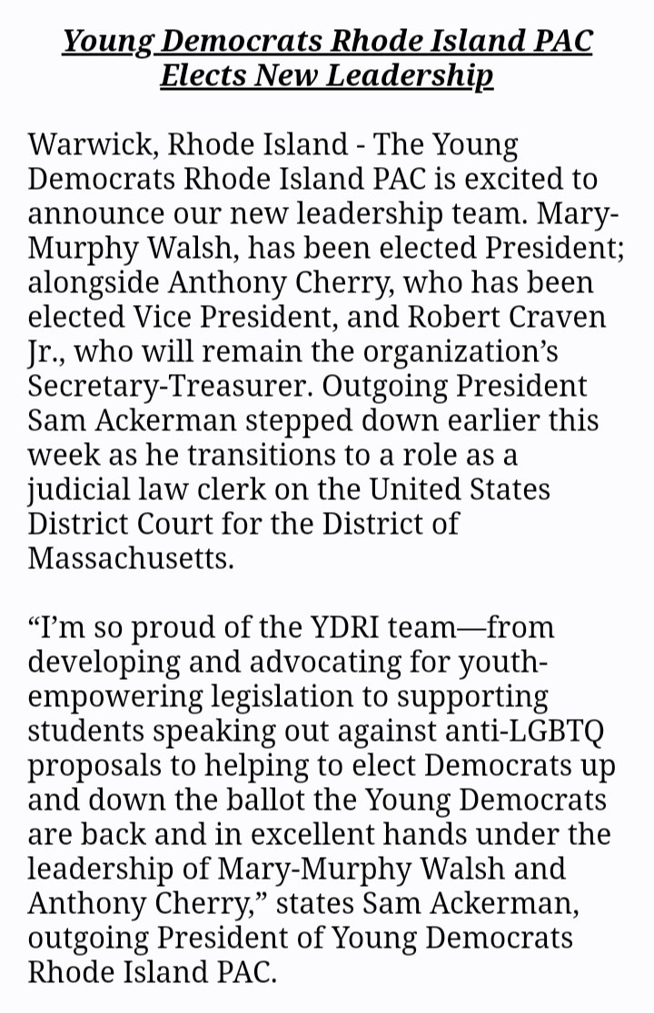 RayBaccari's tweet photo. New leadership elected for the @YoungDemsRI:

Mary-Murphy Walsh (@TheRebel94) elected president

@AntCherry92 elected vice president

@robertcravenjr will remain the organization's secretary-treasurer https://t.co/4LaF2f3SfS