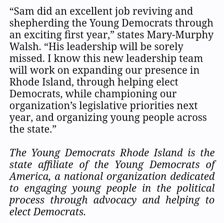 RayBaccari's tweet photo. New leadership elected for the @YoungDemsRI:

Mary-Murphy Walsh (@TheRebel94) elected president

@AntCherry92 elected vice president

@robertcravenjr will remain the organization's secretary-treasurer https://t.co/4LaF2f3SfS