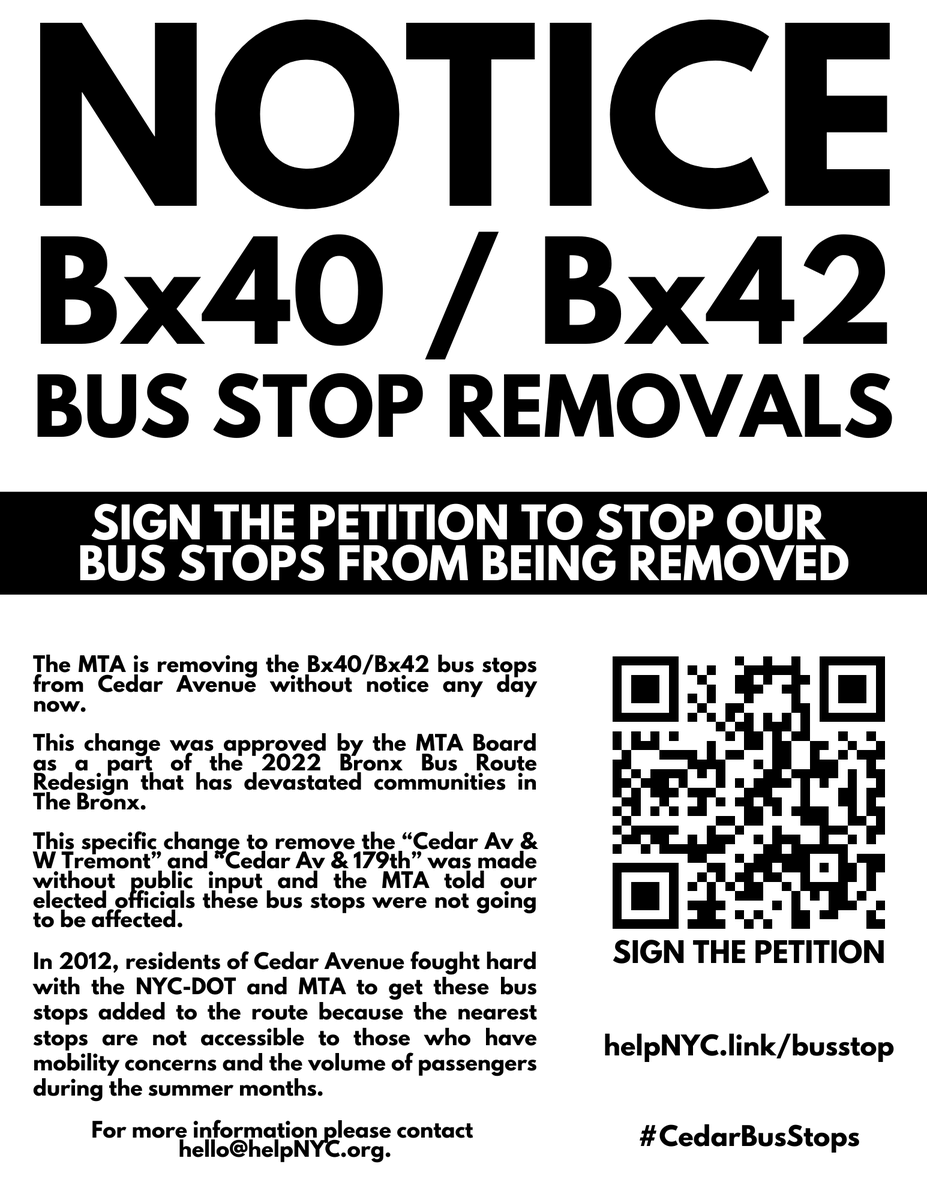 The <a href="/MTA/">MTA</a> will be removing the bus stops from Cedar Avenue in the Bronx any day now!  

Leaving disabled New Yorkers with no affordable way to access public transportation.  

SIGN THE PETITION to tell the MTA not to remove the bus stops!  helpNYC.link/busstop 

#CedarBusStops