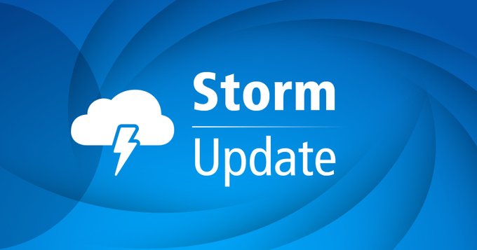 Graphic with a blue background with white text that reads "Storm update" A pictogram of a storm cloud is on the left side.