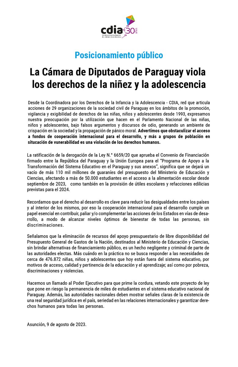 📢 Posicionamiento público. La Cámara de Diputados de Paraguay viola los derechos de la niñez y la adolescencia. #CrecerConDerechos