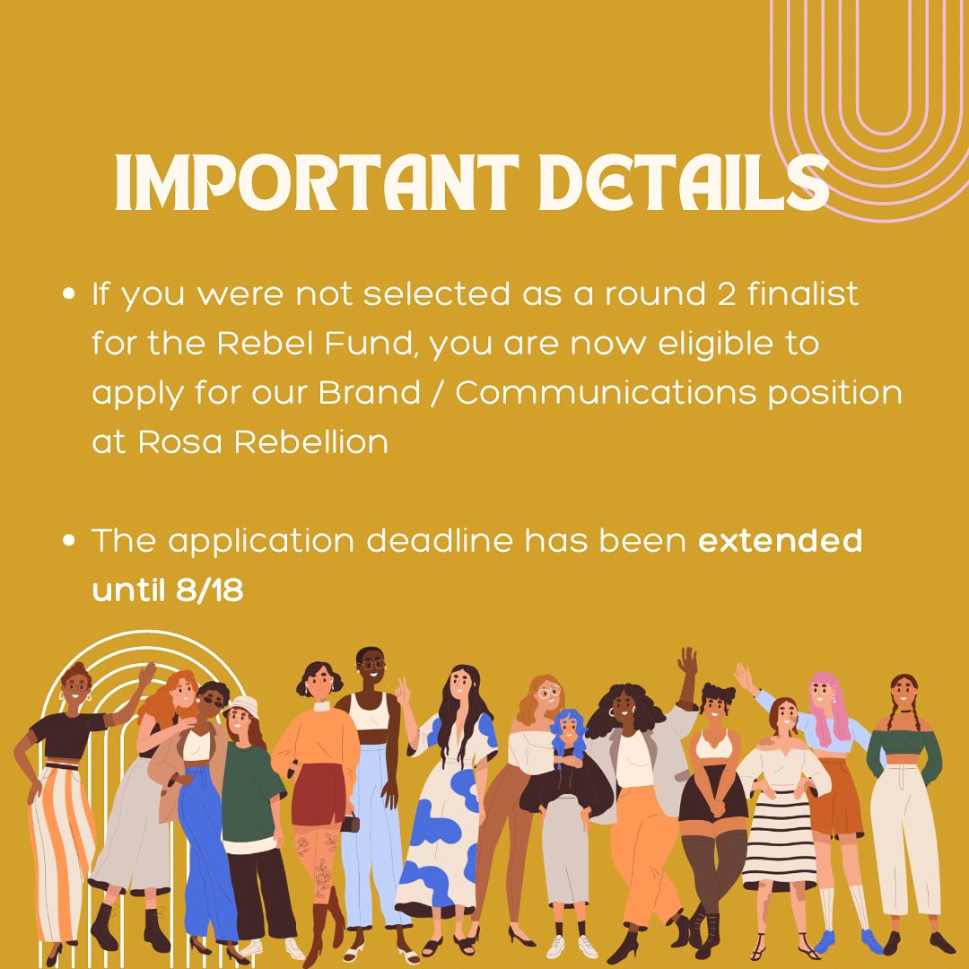 👇🏽👇🏽👇🏽

🚨 DEADLINE EXTENDED 8/18
🔸 If you weren’t selected as a round 2 finalist for the Rebel Fund, you’re now eligible to apply for this position 💫