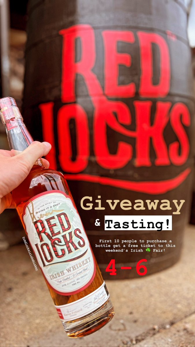 We’re giving away 10 tickets to the Irish Fair this weekend! First ten people to buy a bottle of Red Locks, from 4-6pm TONIGHT ☘️ 🥃