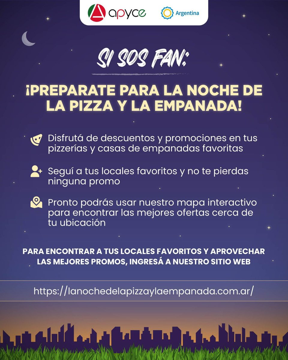 aamf_'s tweet photo. ¡Atención Pizzerías y Casas de Empanadas! 🍕🥟
Llega la ¨Noche de la Pizza y Empanada¨ y pueden SUMAR GRATIS las promociones de sus negocios @APPYCE
🗓 12 de septiembre
📍En todo el territorio argentino 🇦🇷
🌐 https://t.co/UvObLjFVQl
#APYCE #AAMF https://t.co/Ih4jCEGQII