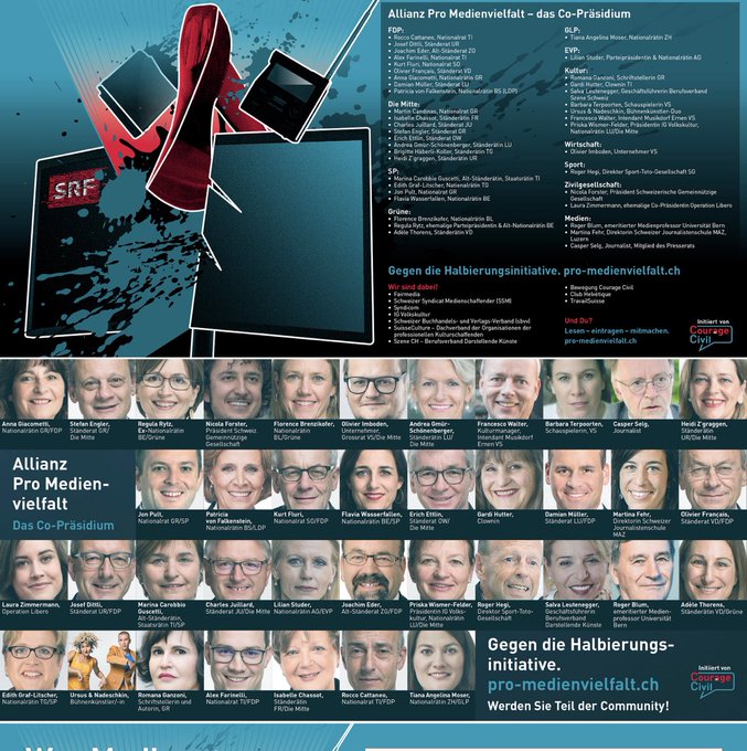 Die #Halbierungsinitiative richtet sich gegen die Grundwerte der Schweiz. Sie ignoriert, dass der mediale Service Public - die SRG - in unserem Land in vier Sprachräumen präsent ist. Das ist mit einer Halbierung der Mittel nicht mehr möglich. Mitmachen: pro-medienvielfalt.ch