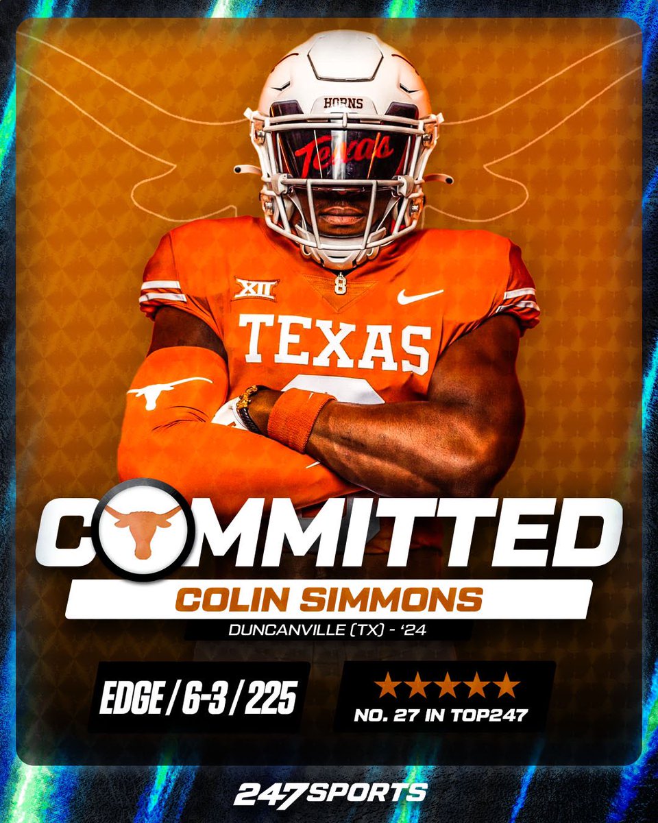 JScruggsOTF's tweet photo. BOOM!!!

Texas lands a commitment from their top target on the board in Duncanville five-star EDGE Colin Simmons @Horns247 | #HookEm 

Simmons is the 8th highest-ranked high school prospect to commit to Texas in the modern recruiting era

(FREE)🔗: https://t.co/WaoT2EIy81 https://t.co/uU54pXmCfG