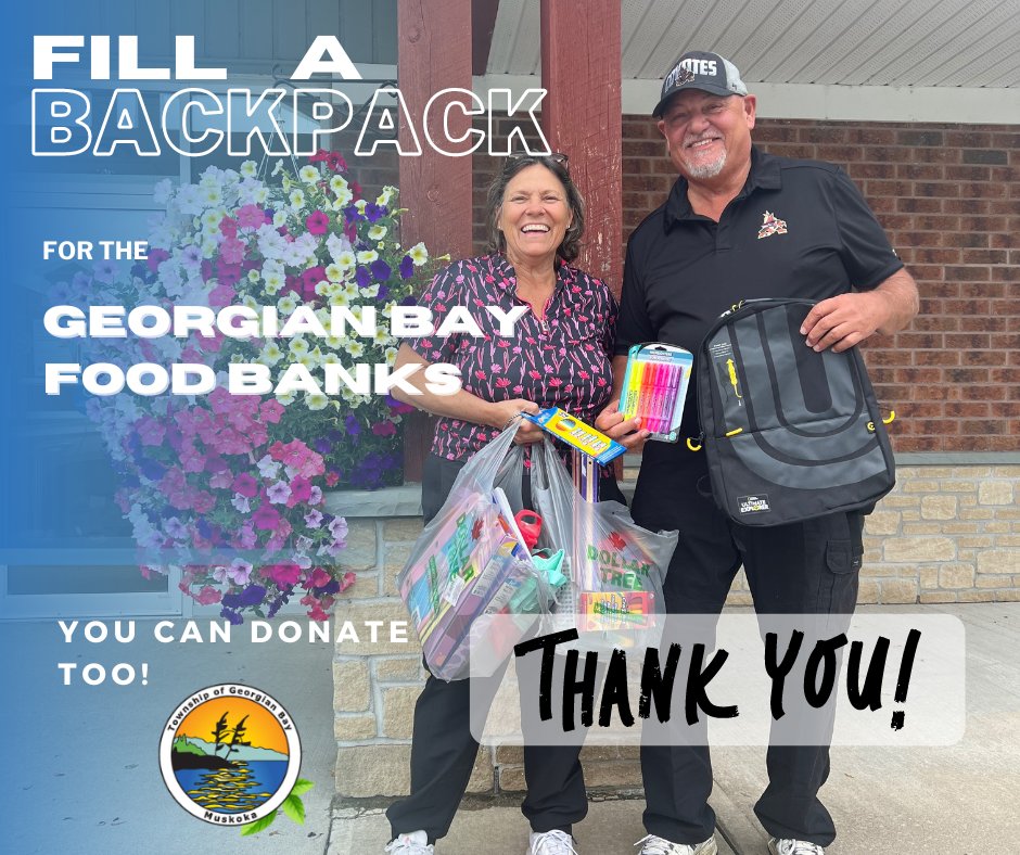Special thank you to Councillor Brian Bochek and his lovely wife Maryanne for the Fill A Back Pack Campaign donations! You can donate too! To help start the school year off right.

#MacTier #HoneyHarbour #GeorgianBay #PortSevern #FillABackPack #BackToSchool