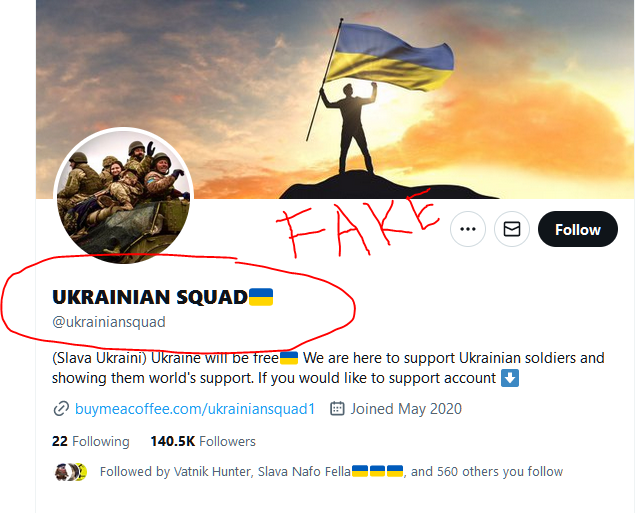 realfooddad1's tweet photo. #NAFO @ ukrainiansquad account is not connected to Ukraine in any way. They are scammers taking your money. Yesterday they had 645 of my followers - today down to 560. You need to stop following these guys and tell your followers to do the same. If anyone gave them money. Stop. https://t.co/hTzdfdTtVD