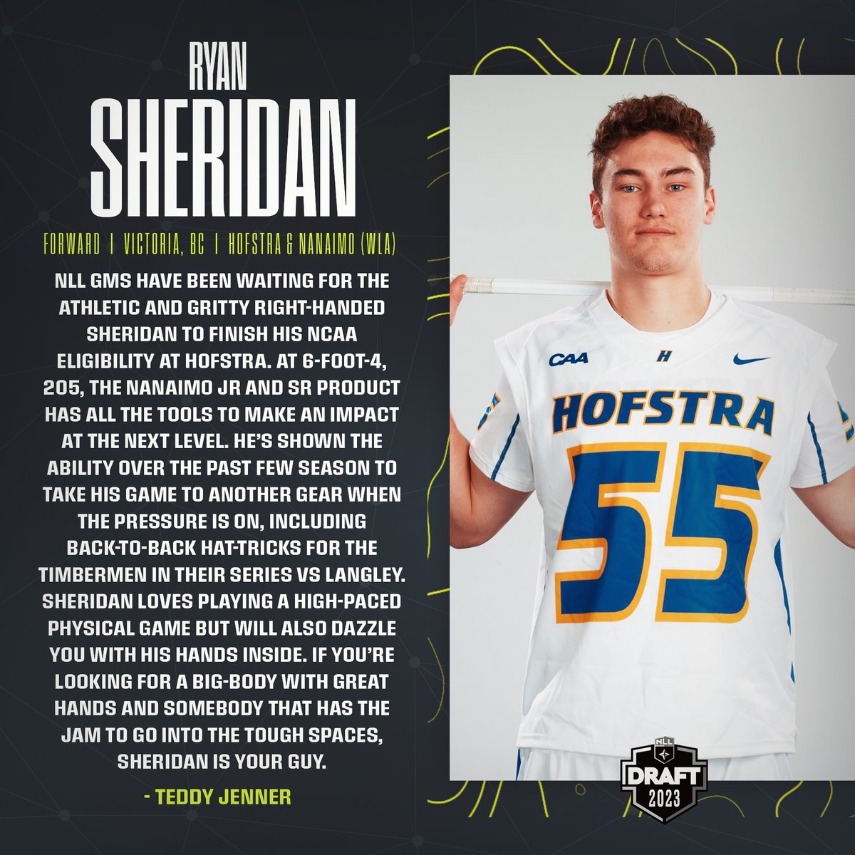 LacrosseFlash's tweet photo. A #GoodVictoriaBoy is slated to go early in the 2023 @NLL Draft

Ryan Sheridan is going to be a handful in the pros, and @TeddyJenner has the details on the 6-foo-4, 205-pounder from the West Coast

#LaxFlash⚡️I #NLLDraft https://t.co/tNZD8h5Ftt