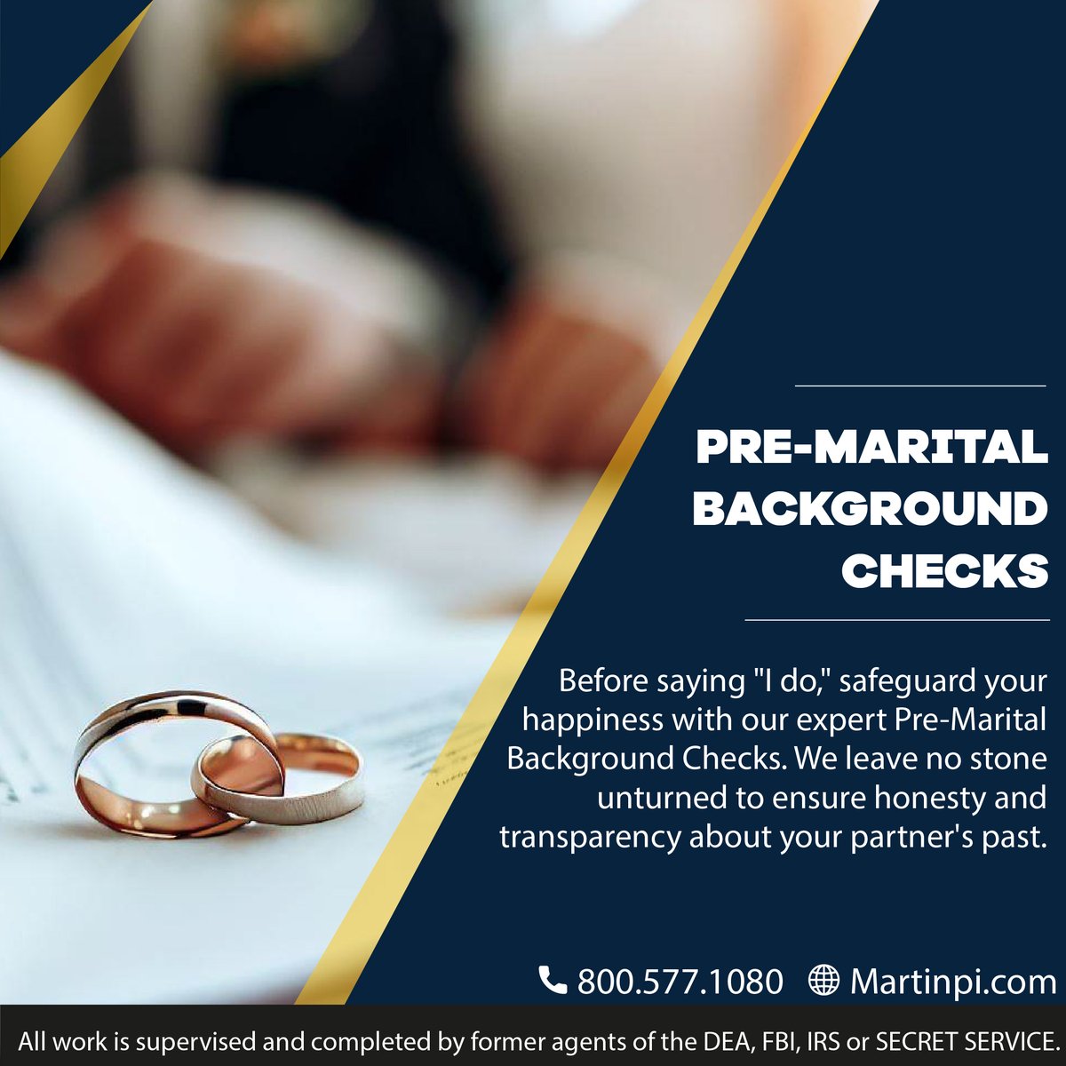 Before saying "I do," safeguard your happiness with our expert Pre-Marital Background Checks. At Martin PI, we leave no stone unturned to ensure honesty and transparency about your partner's past. 🕵️‍♂️

If you have questions or wish any matter clarified, please contact us.😊 #USA