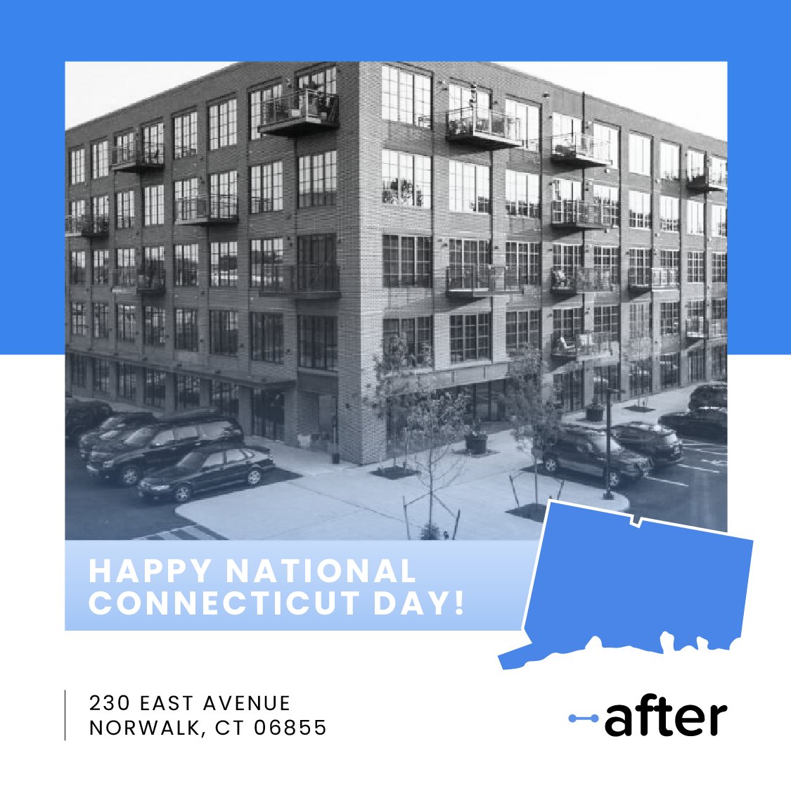 AfterInco's tweet photo. We bet you didn't know it was #NationalConnecticutDay today, the home state of After, Inc. headquarters! Since we just had a recent move, we figured we'd celebrate the day by posting a pic of our new location. What are your favorite things to do/see while in Connecticut? https://t.co/vn01BexaJN