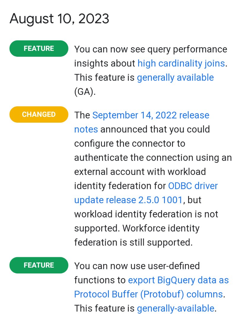#BigQuery release notes, Aug 10, 2023

✔️You can now see query performance insights about high cardinality joins
✔️Changes in Sep 14, 2022 release notes
✔️You can now use user-defined functions to export BigQuery data as Protocol Buffer (Protobuf) columns

cloud.google.com/bigquery/docs/…