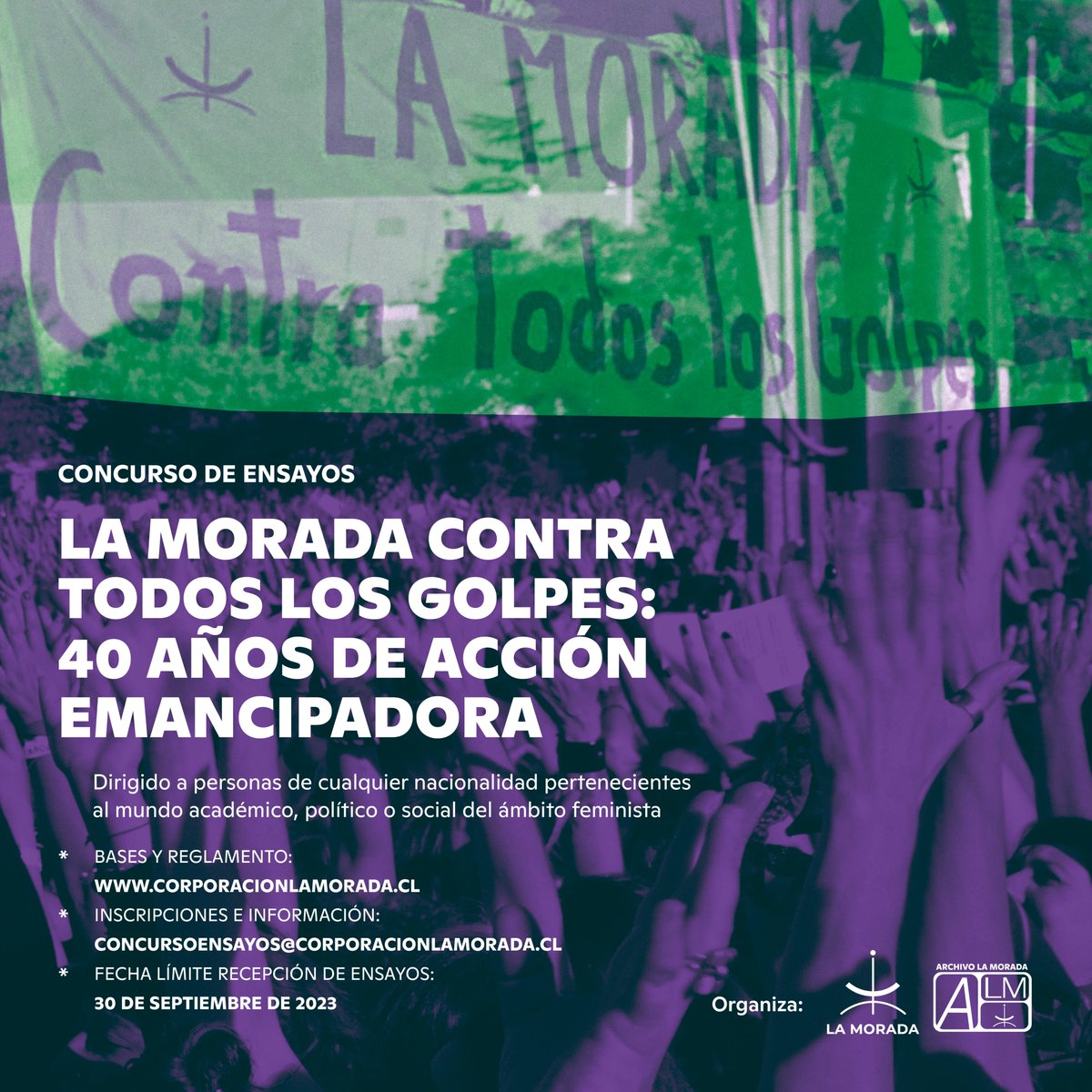 CasaLaMorada's tweet photo. Concurso de ensayos 2023
La Morada contra todos los golpes: 40 años de acción emancipadora
Más información en https://t.co/xTCEQKSbv8 
#Memoria #memoriafeminista #40añosLaMorada https://t.co/8rcBLztNvE