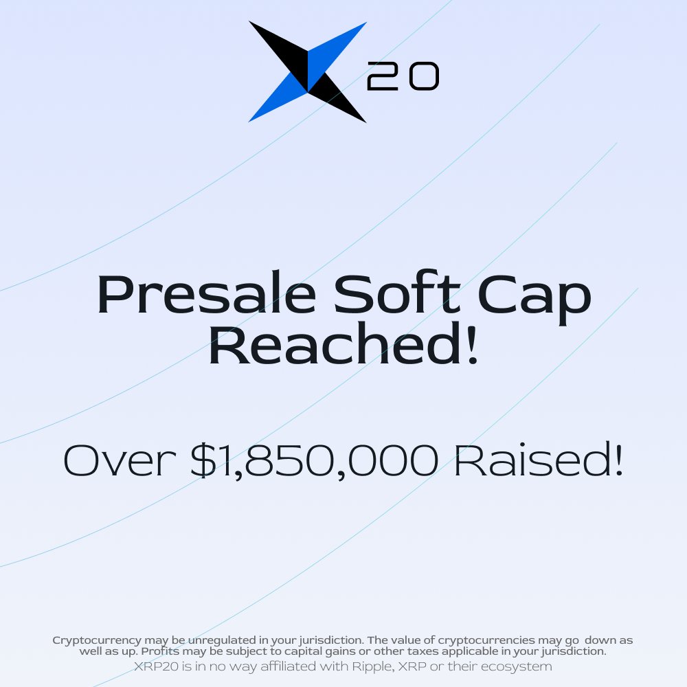 XRP_20's tweet image. 🎉 Milestone Alert! 🎉

We&apos;ve hit an incredible mark in our journey - over $1,850,000 raised! 🚀

Thank you to our passionate community for helping us reach our Soft Cap. The future is bright for #XRP20! 💡

Onward and upward - bit.ly/XRP20