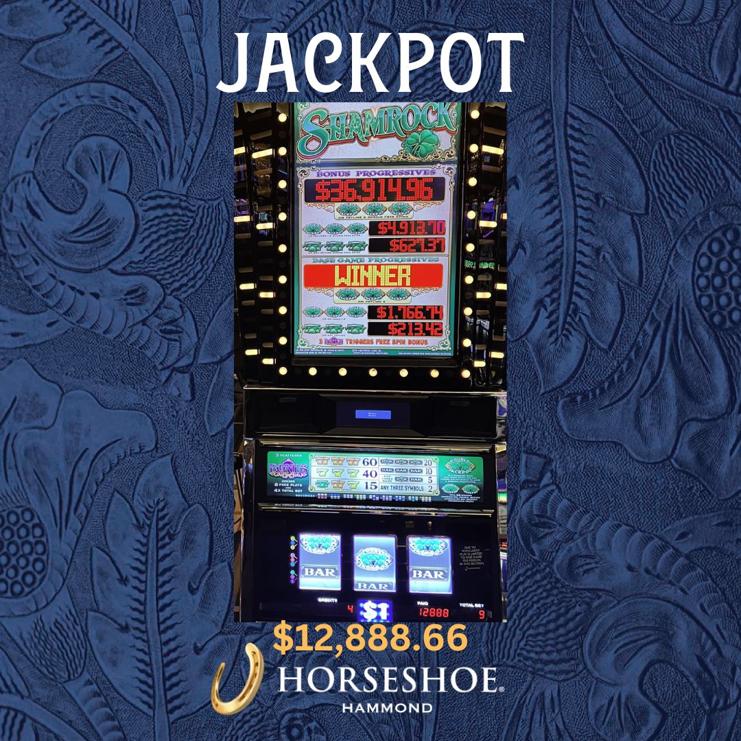 This recent $12,888.66 #JACKPOT was hit with a $9 spin on #SHAMROCK when this lucky Caesars Rewards Guest landed 3x #DOUBLEJACKPOT! Congrats!

Know When To Stop Before You Start.® Gambling Problem? Call 1-800-9-WITH-IT. ©2023, Caesars License Company, LLC. 
#horseshoehammond