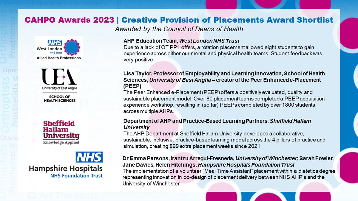 SuzanneRastrick's tweet image. ⭐️#AHP Creative Provision of Placements #CAHPOAward Shortlist

⭐️This award recognises #AHP leaders, educators &amp;amp;/or students who have helped change the face of AHP practice-based learning
 
⭐️Sponsored by @councilofdeans

@WeAHPs