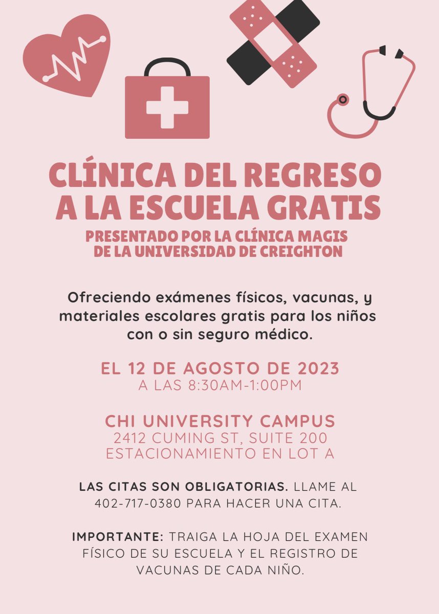 MagisClinic's tweet image. We are excited to host our annual FREE back to school clinic for children in the Omaha area! All you need to do is call and make an appointment and make sure to bring the necessary paperwork. Patients with AND without insurance are accepted!