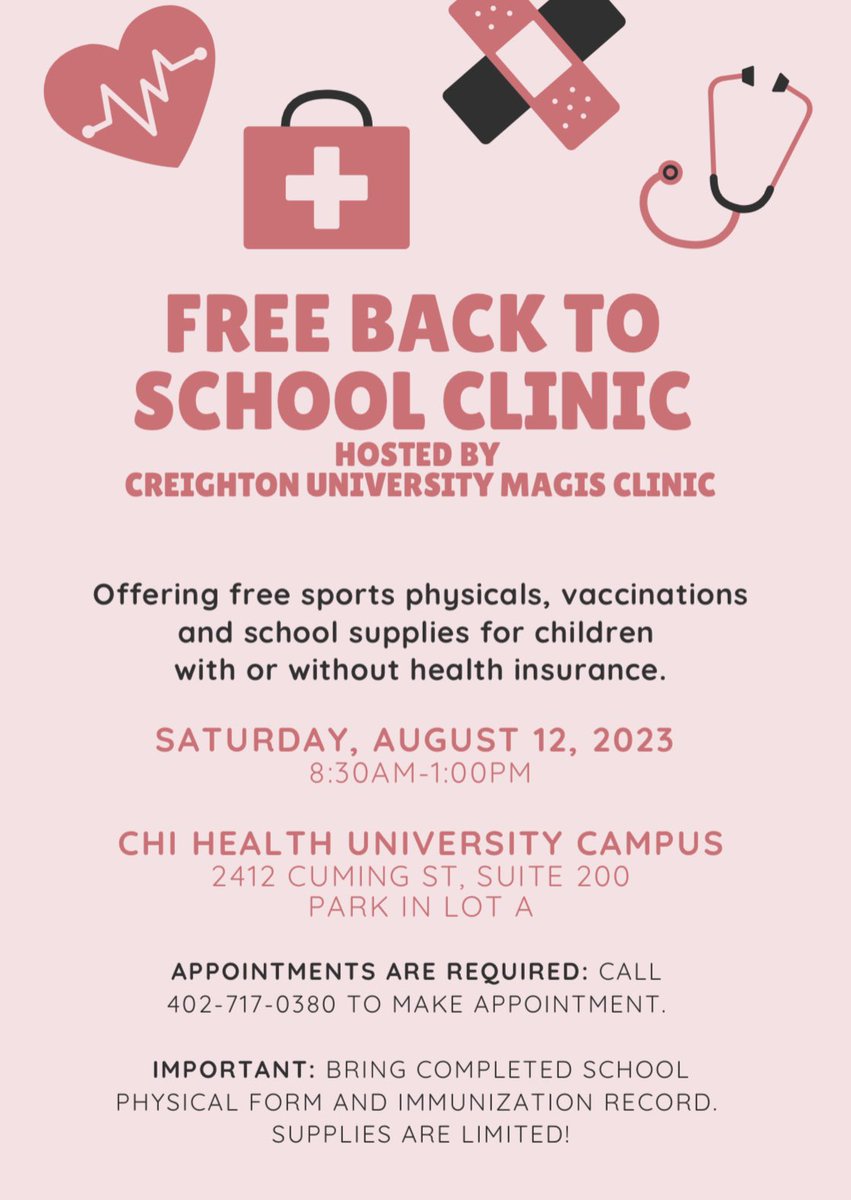 MagisClinic's tweet image. We are excited to host our annual FREE back to school clinic for children in the Omaha area! All you need to do is call and make an appointment and make sure to bring the necessary paperwork. Patients with AND without insurance are accepted!