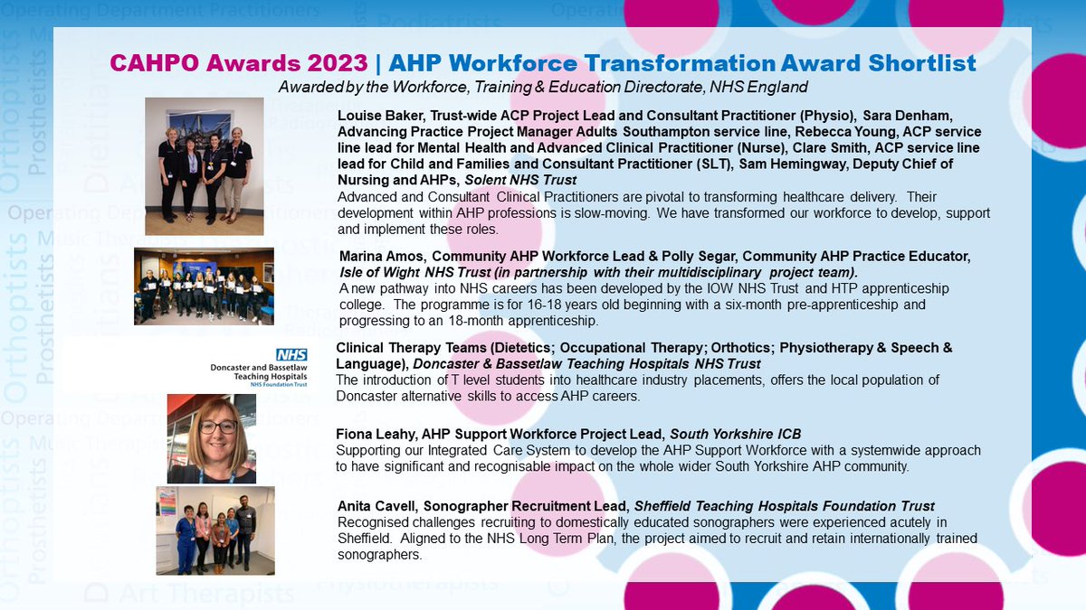 SuzanneRastrick's tweet photo. ⭐️#AHP Workforce Transformation #CAHPOAward Shortlist
 
⭐️This award recognises individual #AHPs or teams who are demonstrating transformation through innovation in #AHP workforce supply
 
⭐️Sponsored by @NHSE_WTE

@WeAHPs https://t.co/eoRyf0eSV6