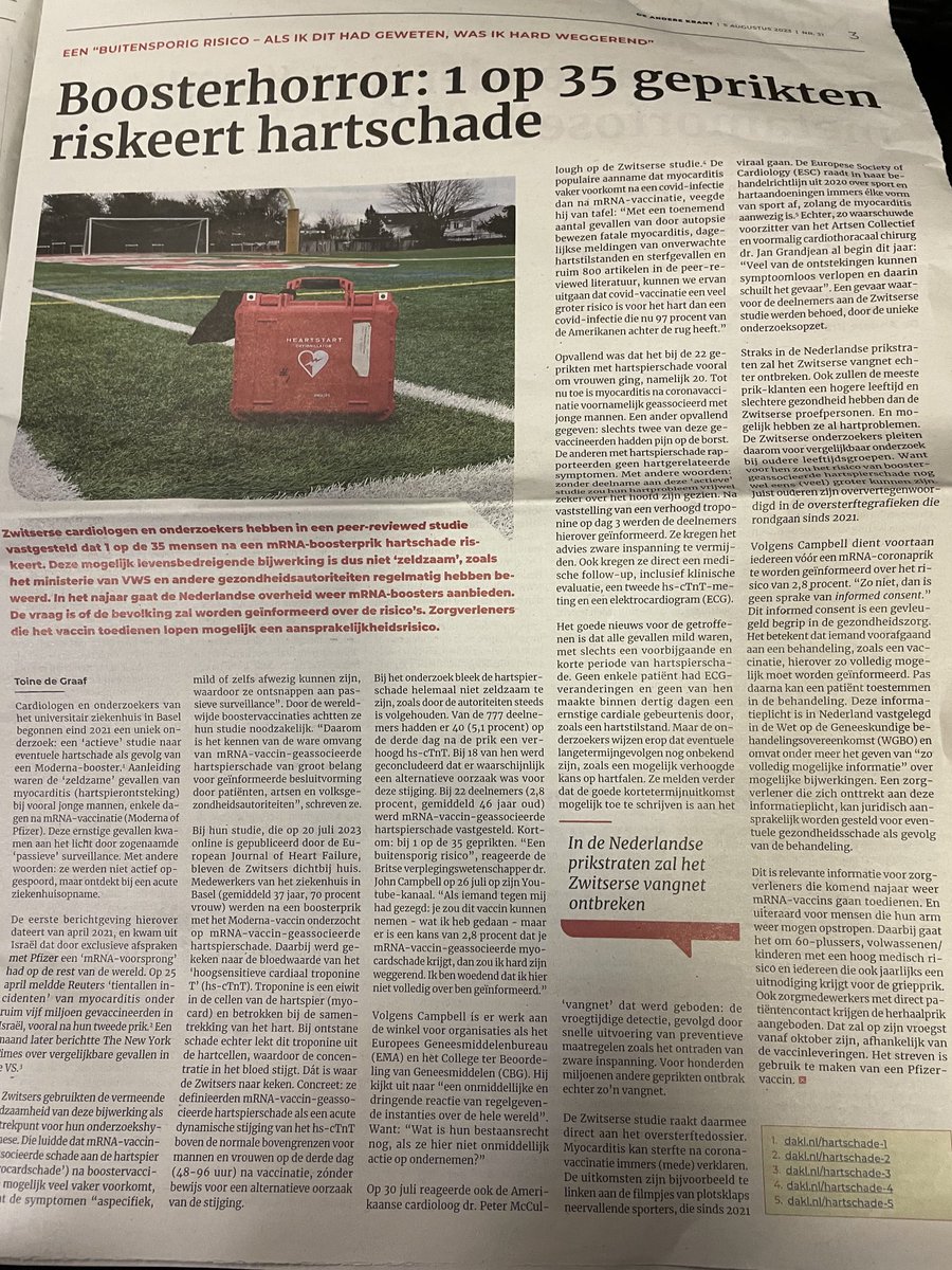PvanHouwelingen's tweet photo. “Zwitserse cardiologen en onderzoekers hebben in een peer-reviewed studie vastgesteld dat 1 op de 35 mensen na een mRNA-boosterprik hartschade riskeert.” Wellicht iets om in overweging te nemen als dit najaar weer een nieuwe boostercampagne van start gaat…. ⁦@AndereKrant⁩ https://t.co/CT4PGRKEEk