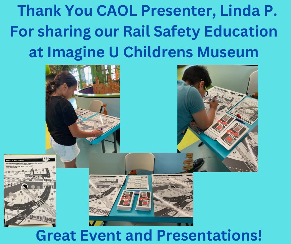 Message from @CAOpLifeSaver: Raising #RailSafetyAwarness at ImagineU Interactive Children's Museum. Great work and Thank You CAOL Presenter, Linda P. for sharing our #RailSafetyEducation with these kids! Thank you Imagine U for your #RailSafetyPartnership #SaveLivesTell5