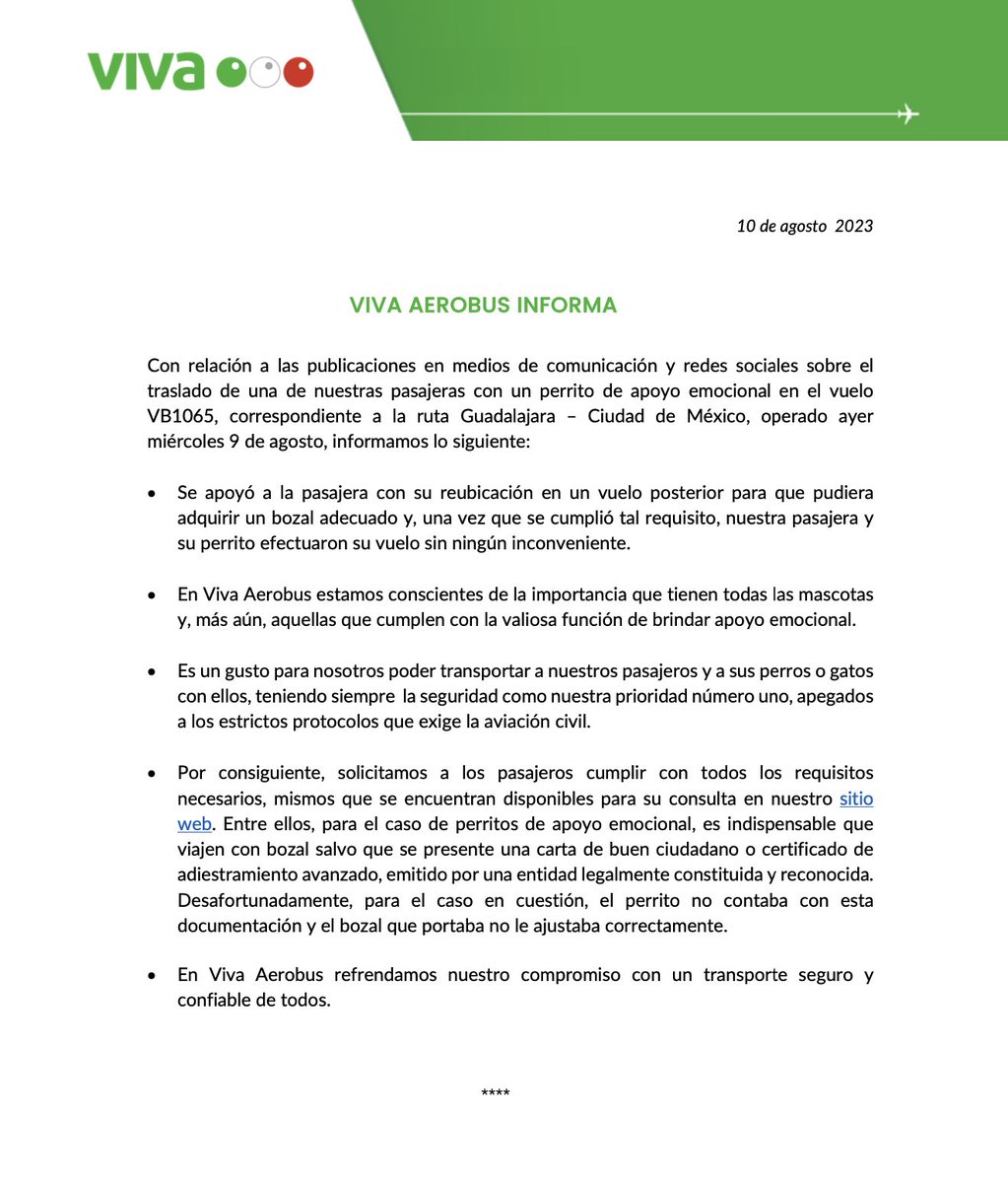 VivaAerobus's tweet photo. Respecto al traslado de un perrito de soporte emocional en el vuelo VB1065, operado ayer, apoyamos a nuestra pasajera para que pudieran volar una vez cumplidos los requisitos de seguridad. Reconocemos la importancia que tienen todas las mascotas, siempre teniendo a la seguridad como prioridad.