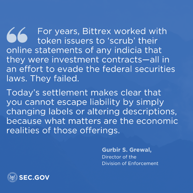 SECGov's tweet photo. Today we announced that crypto asset trading platform Bittrex Inc. and its co-founder and former CEO, William Shihara, agreed to settle charges that they operated an unregistered national securities exchange, broker, and clearing agency.