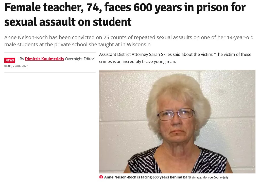 hardcoreman1992's tweet photo. #capist
A 74-year-old female teacher is facing up to 600 years in prison for sexually assaulting one of her students.
According to the Wisconsin State Journal, https://t.co/0jCLm4W9Xv