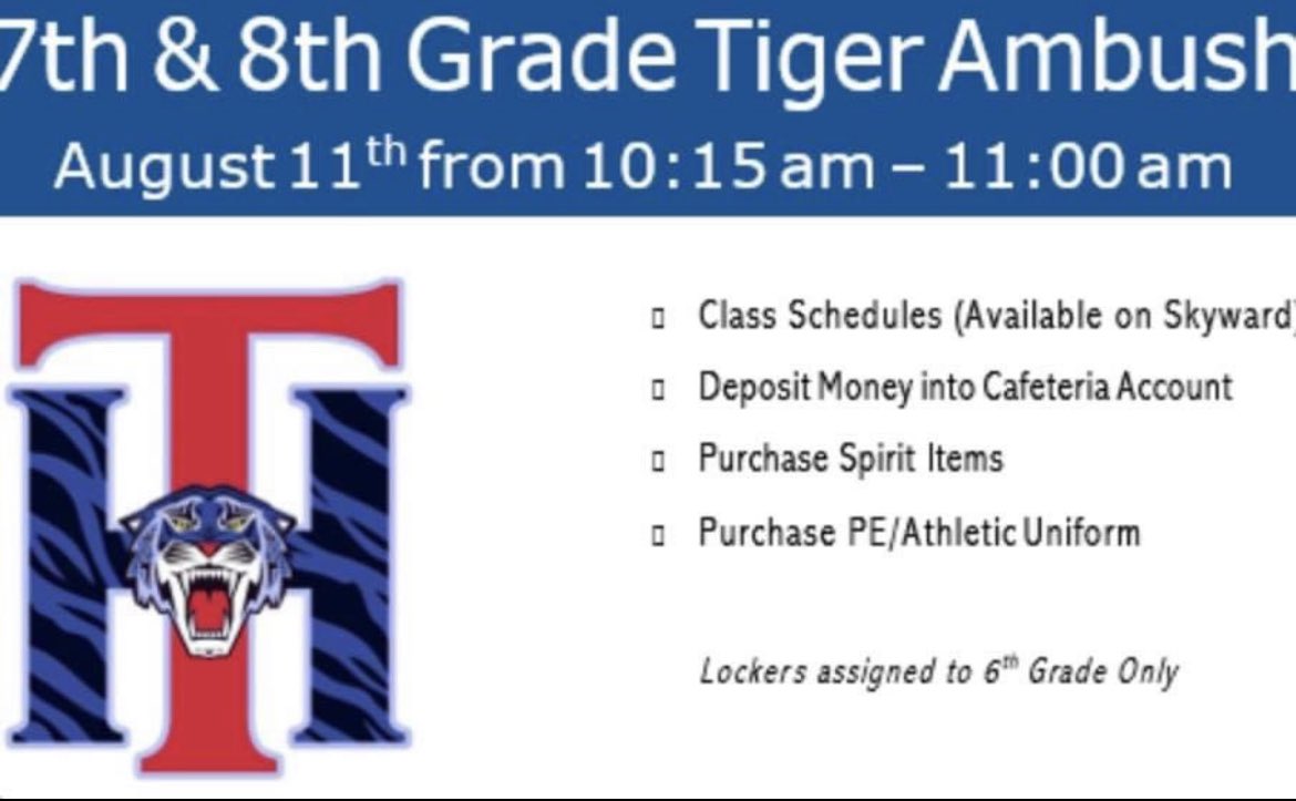 Michele Ramirez-C (@txhillprincipal) on Twitter photo We are looking forward to welcoming our incoming <a href="/TexHillMS/">TEX HILL MS</a> 6th graders to Tiger Academy & 7/8th Grade to Tiger Ambush tomorrow!๐ฏ
6th grade Academy starts at 8:00am.
7th-8th Tiger Ambush starts at 10:15am.
See attached for more details. <a href="/amirel88/">Amanda Mireles</a> We are looking forward to welcoming our incoming <a href="/TexHillMS/">TEX HILL MS</a> 6th graders to Tiger Academy & 7/8th Grade to Tiger Ambush tomorrow!๐ฏ
6th grade Academy starts at 8:00am.
7th-8th Tiger Ambush starts at 10:15am.
See attached for more details. <a href="/amirel88/">Amanda Mireles</a>