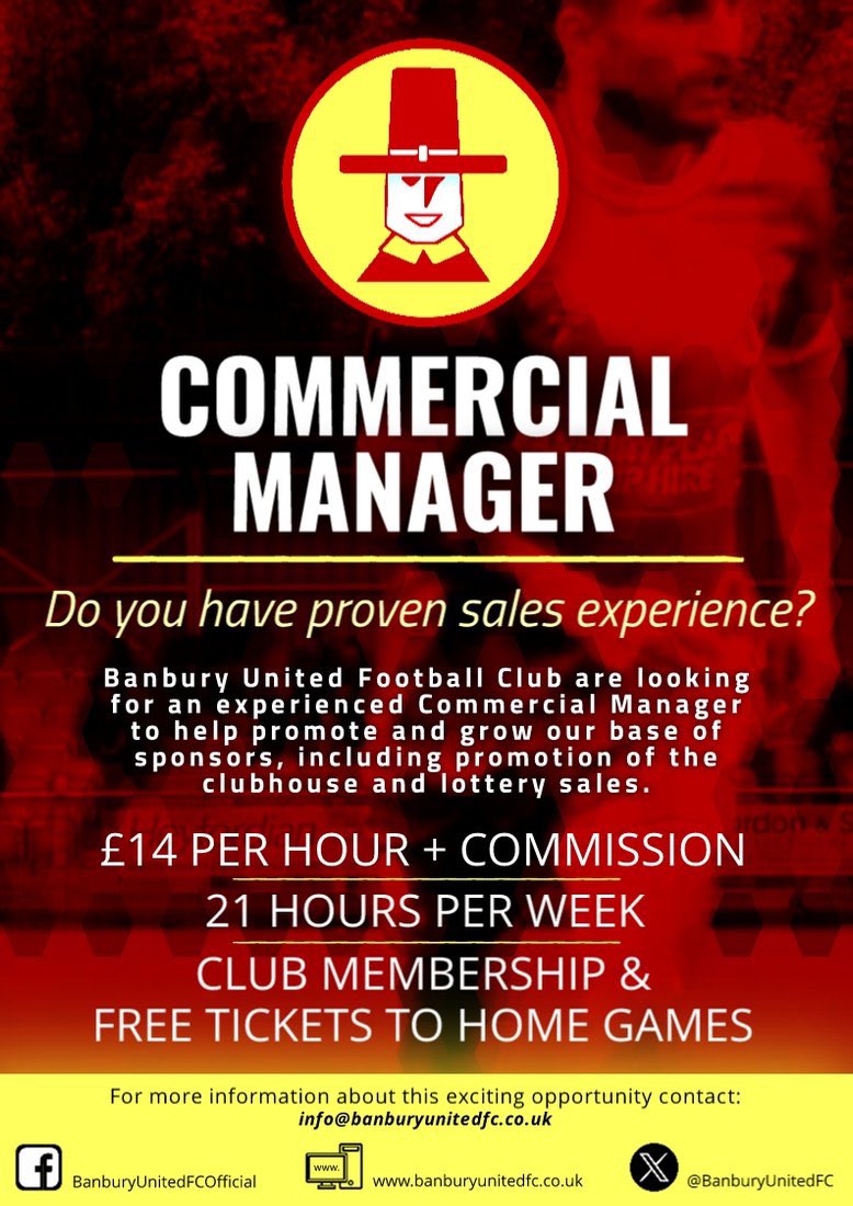 New job vacancy: Commercial Manager New paid position will help grow Club income as we cement our position at our highest ever level The Club is recruiting a new commercial manager to help develop and grow Banbury United to new heights. This is an exciting development and an…