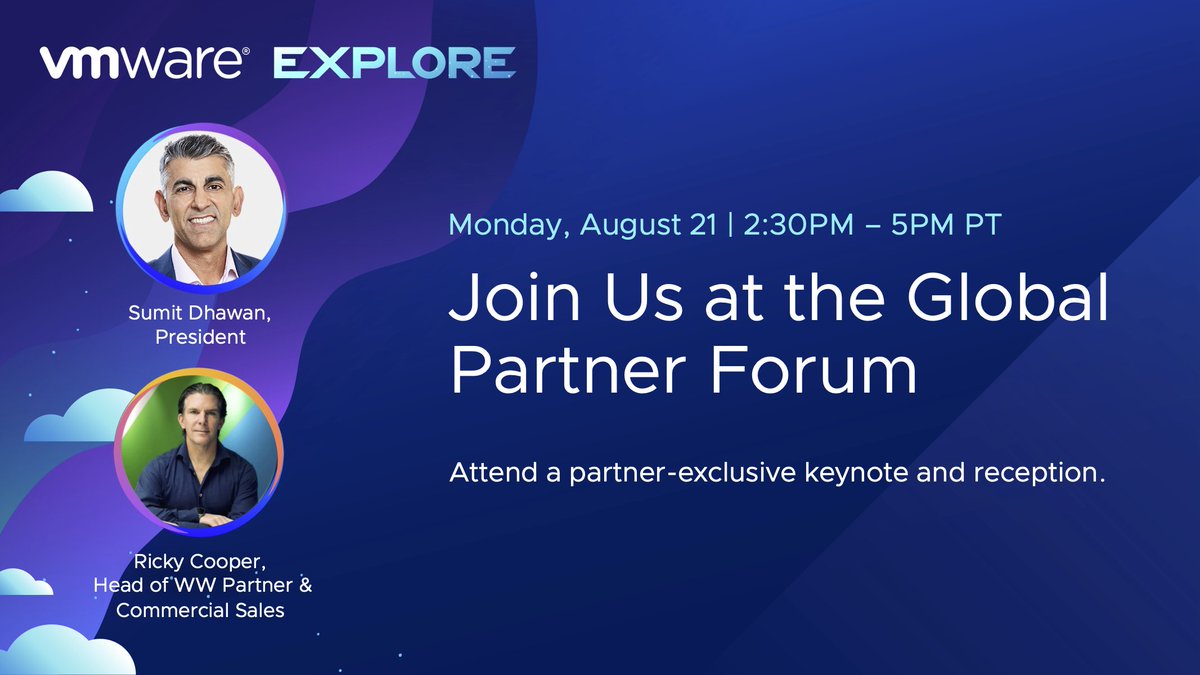 If you'll be at #VMwareExplore 2023 Las Vegas, we'd love to connect! 🌐 Our Global Partner Forum kicks off Monday, August 21 with an exclusive #VMwarePartners Keynote featuring <a href="/VMware/">VMware</a> President <a href="/sumit_dhawan/">Sumit Dhawan</a> and Channel Chief Ricky Cooper. Register today: via.vmw.com/76EmNM