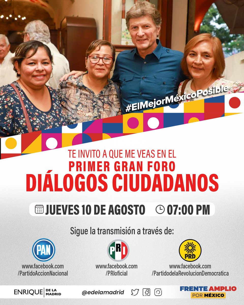 Te espero hoy a las 7:00 PM en el Primer Foro Diálogos Ciudadanos del #FrenteAmplioPorMéxico para platicarte mi visión del país que merecemos, #ElMejorMéxicoPosible.

La transmisión a través de las redes sociales de <a href="/PRI_Nacional/">PRI</a>, <a href="/AccionNacional/">Acción Nacional</a> y <a href="/PRDMexico/">PRD</a>. 

¡Ahí nos vemos!