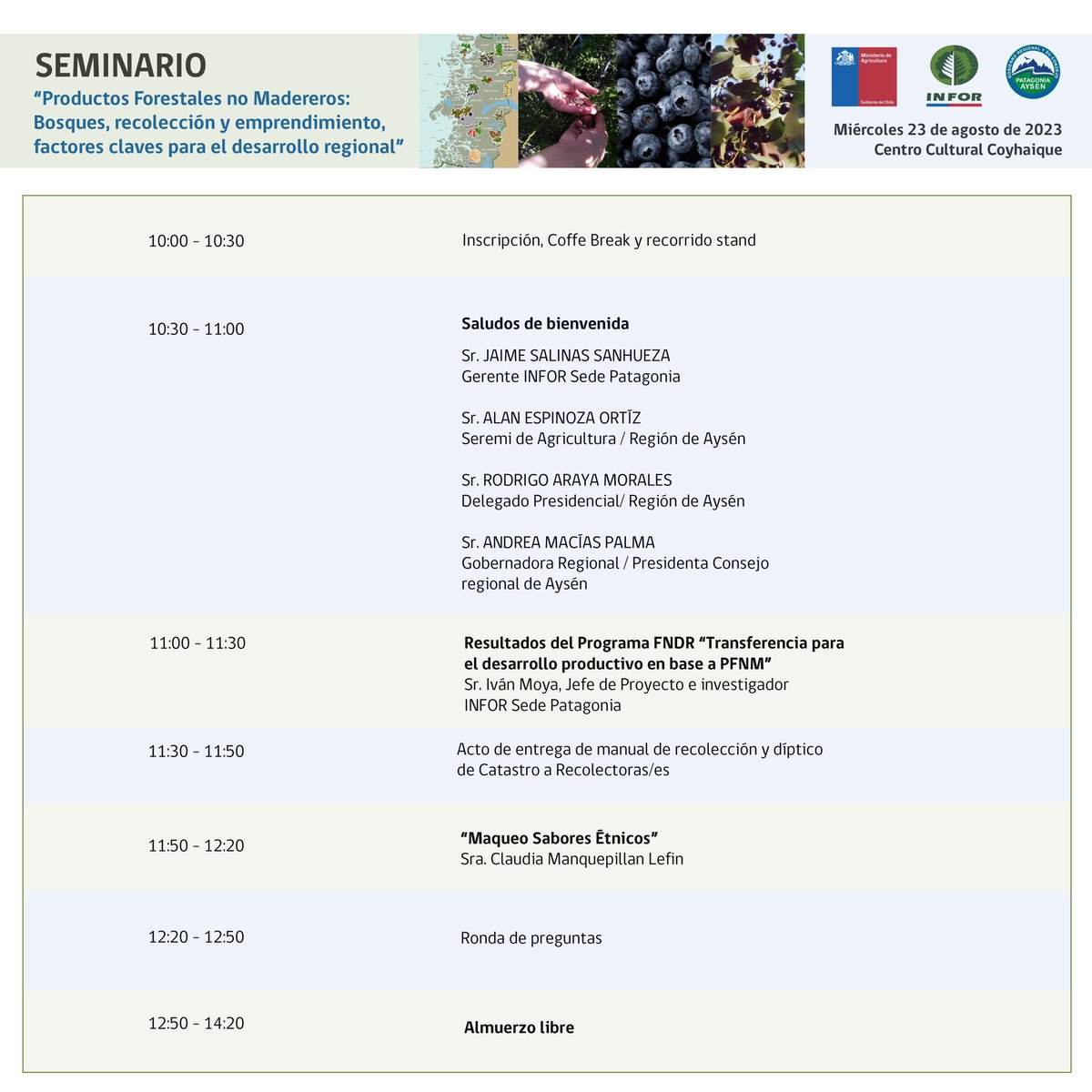 INFOR_Patagonia's tweet photo. 📣 Seminario #INFOR #PFNM🌳 🍓🫐🍄🌳 
“Productos Forestales No Madereros: Bosques, Recolección y Emprendiendo, Factores Claves para el Desarrollo Regional”.
El miércoles 23 de agosto a partir de las 10:00 horas en el Centro Cultural Coyhaique. Abierto a la comunidad. https://t.co/MZ170DxDCQ
