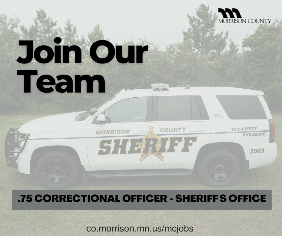 Morrison County is accepting applications for a .75 Correctional Officer in the Sheriff's Office. Apply today!
For a complete listing of current positions, visit co.morrison.mn.us/546
#MorrisonCounty