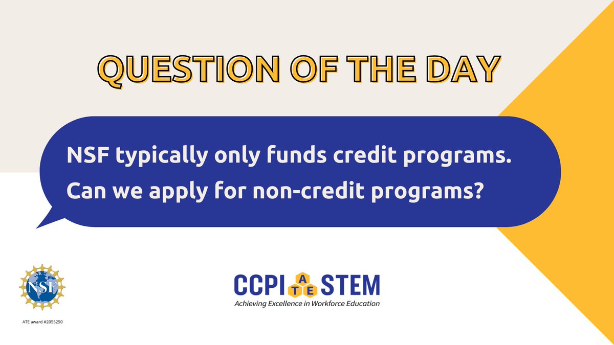 Community College Presidents Initiative (CCPI) (@ccpi_stem) on Twitter photo "NSF supports credit programs. However, if you create a partnership at your institution or another between credit and noncredit that’s OK... If you do it intelligently and cleverly, it will be funded."
- Dr. Z, Principal Investigator of seven <a href="/NSF/">U.S. National Science Foundation</a> grants
#NSFfunded "NSF supports credit programs. However, if you create a partnership at your institution or another between credit and noncredit that’s OK... If you do it intelligently and cleverly, it will be funded."
- Dr. Z, Principal Investigator of seven <a href="/NSF/">U.S. National Science Foundation</a> grants
#NSFfunded