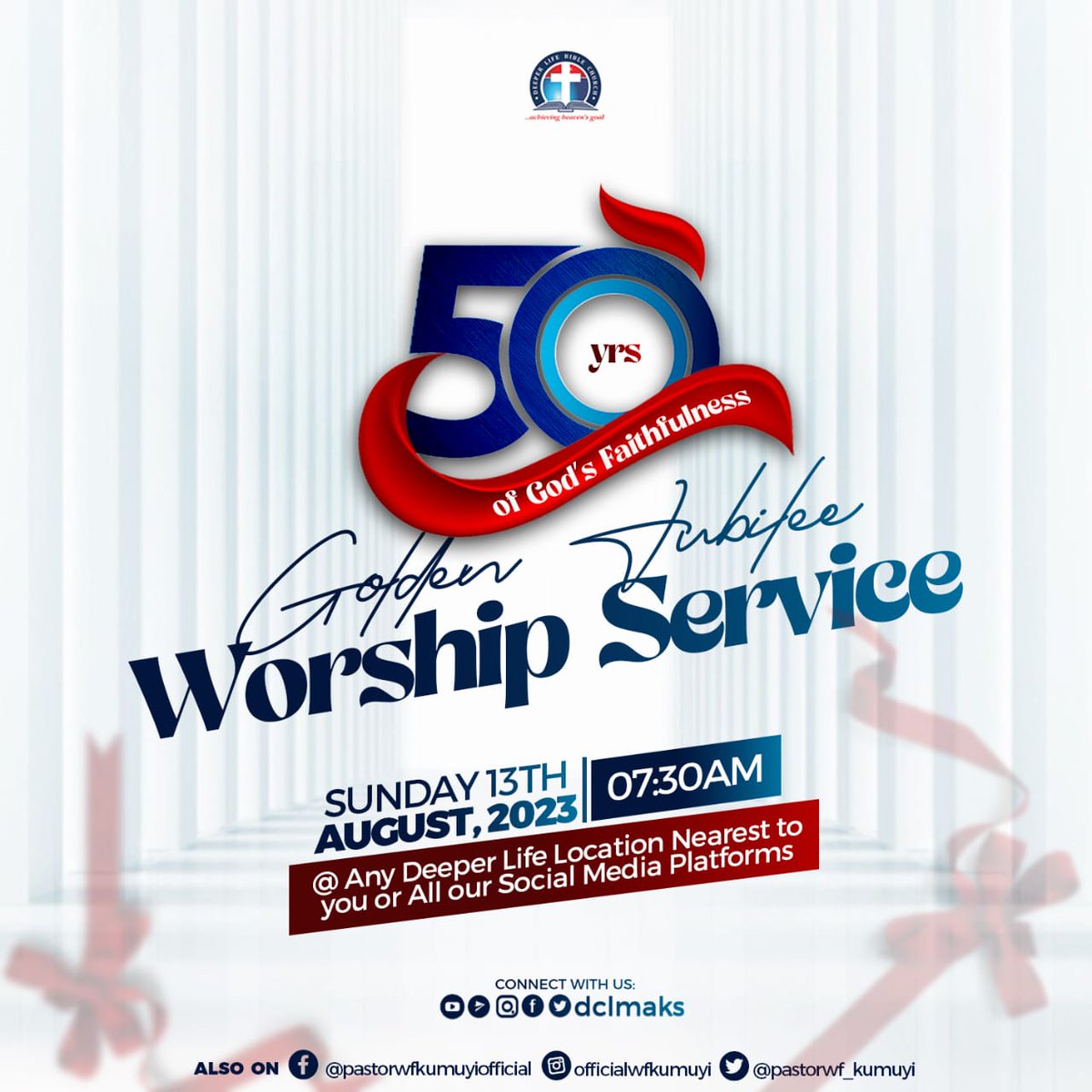 Sainshellz's tweet photo. Join us by 08:00 AM this Sunday, at any Deeper Life Bible Church location closest to you. It will be a time of jubilant worship, gratitude, and praise.

God bless you!

#dclmaks
#dclmat50
#pastorkumuyisaid
#DeeperLifeAt50 https://t.co/xKwSYUGFnA
