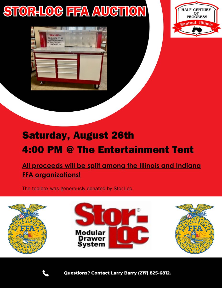 halfcenturyshow's tweet image. Want to support the FFA AND get a new toolbox?
Saturday, 8/26, at 4:00 there will be a live auction to purchase a new Stor-Loc toolbox in the Entertainment Tent at the show. All proceeds will be split among the Indiana and Illinois FFA.
Thanks Stor-Loc for the donation!