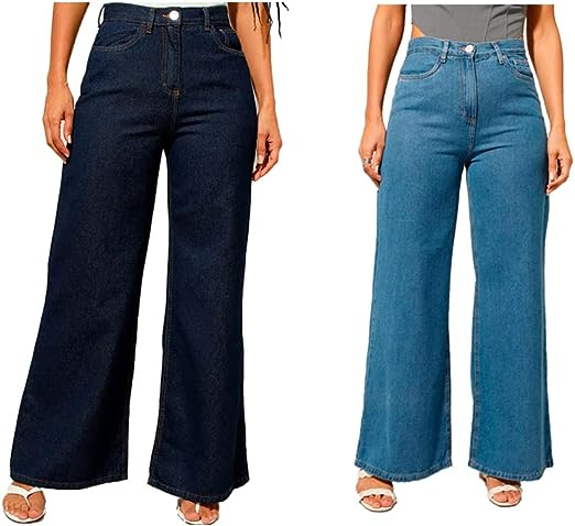Kit 2 Calças Jeans Retrô Pantalona Wide Leg Cintura Alta Tendencias Azul Claro E Azul Escuro