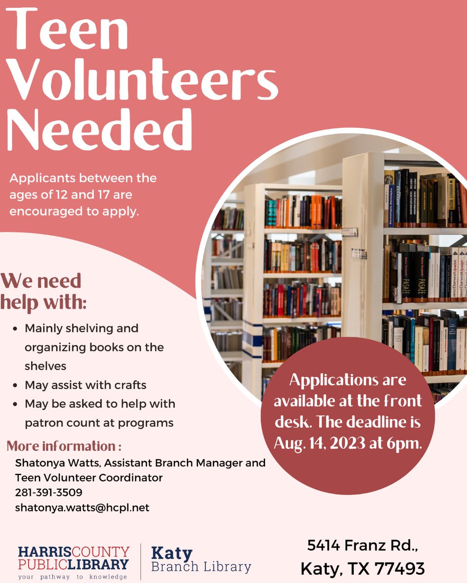 KatyLibrary's tweet image. We still have teen volunteer applications left! Applications are available at the front desk. The application deadline is Mon., Aug. 14, 2023, at 6pm. You must be aged 12-17 and be able to commit to volunteering for a semester. #katybranchlibrary #katyteens #hcplteens #hcpl