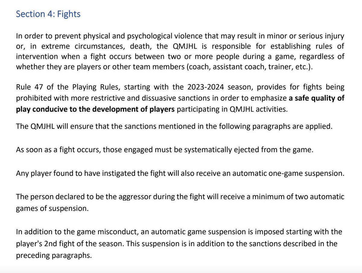 BR_OpenIce's tweet photo. The QMJHL has announced that fighting has been banned starting this upcoming season. 

The rules now state that fighting will result in an automatic ejection with other supplemental discipline to follow. 

(via @QMJHL) https://t.co/Oaq2E4Knvm