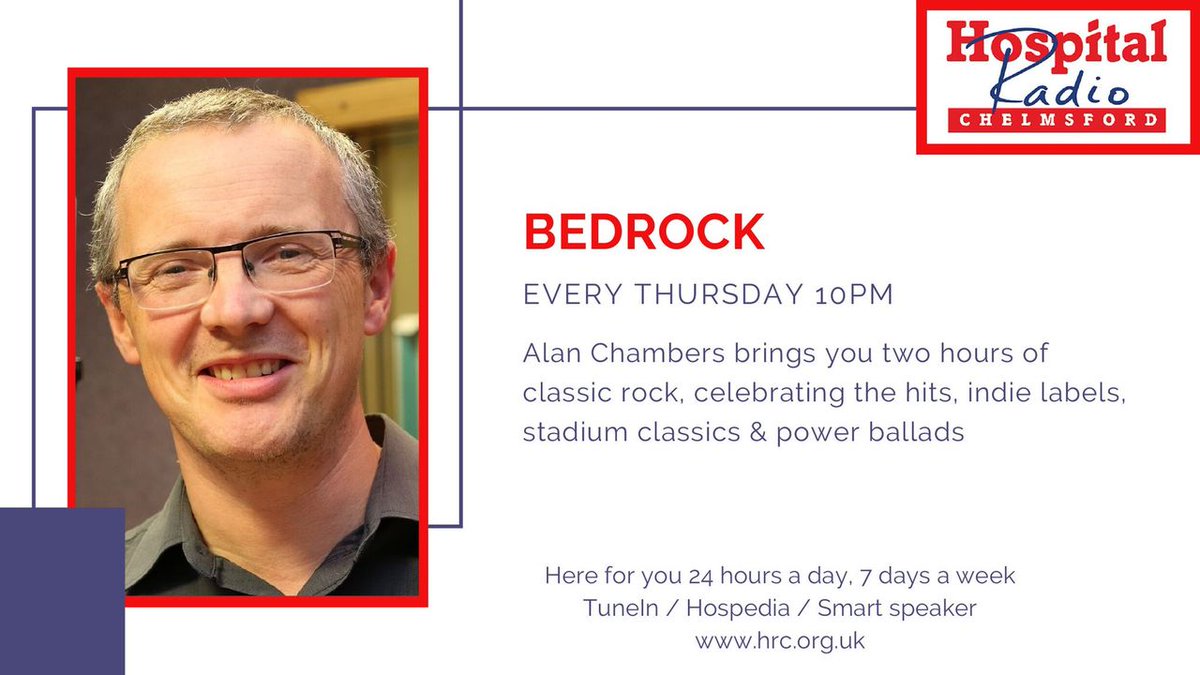 hr_chelmsford's tweet photo. BEDROCK: Alan Chambers brings you two hours of classic rock, celebrating the hits and stadium classics  every Thursday from 10pm

💻 On line 
📱 Download our app 
🔈 On smart speaker - Hospital Radio Chelmsford
📻 In Broomfield Hospital? on your bedside entertainment system https://t.co/zZPDoJPZdt